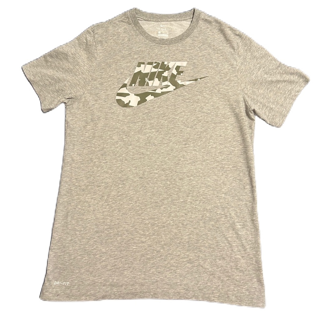 Nike Dri Fit Swoosh Logo Tee T Shirt Mens Size L Gray Short Sleeve Camo Logo